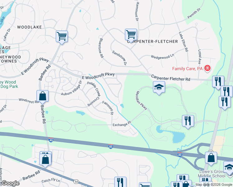 map of restaurants, bars, coffee shops, grocery stores, and more near 1411 Copper Creek Drive in Durham