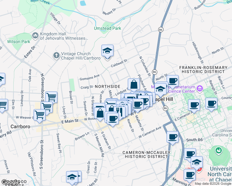 map of restaurants, bars, coffee shops, grocery stores, and more near 408A Cotton Street in Chapel Hill