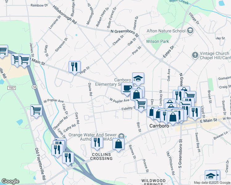 map of restaurants, bars, coffee shops, grocery stores, and more near 614 West Main Street in Carrboro