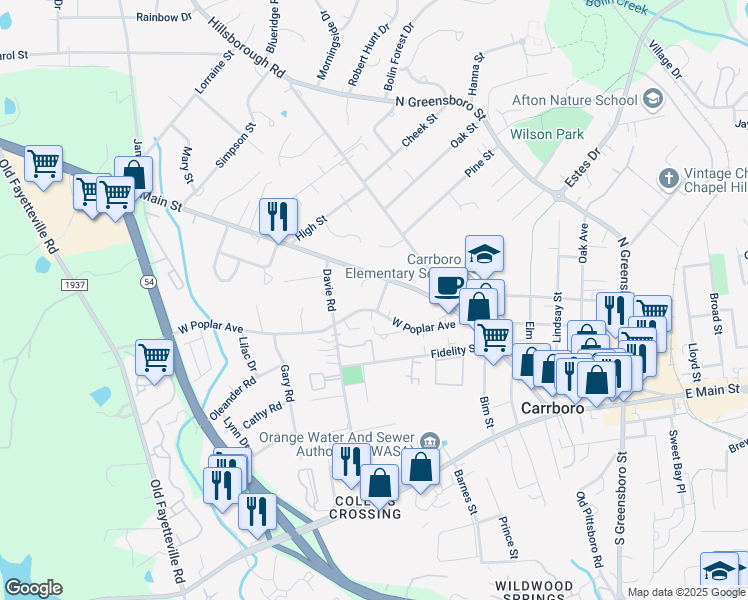 map of restaurants, bars, coffee shops, grocery stores, and more near 703 West Main Street in Carrboro