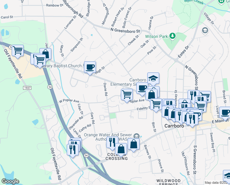 map of restaurants, bars, coffee shops, grocery stores, and more near 703 West Main Street in Carrboro