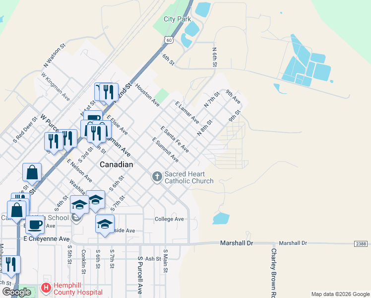map of restaurants, bars, coffee shops, grocery stores, and more near North 8th Street in Canadian