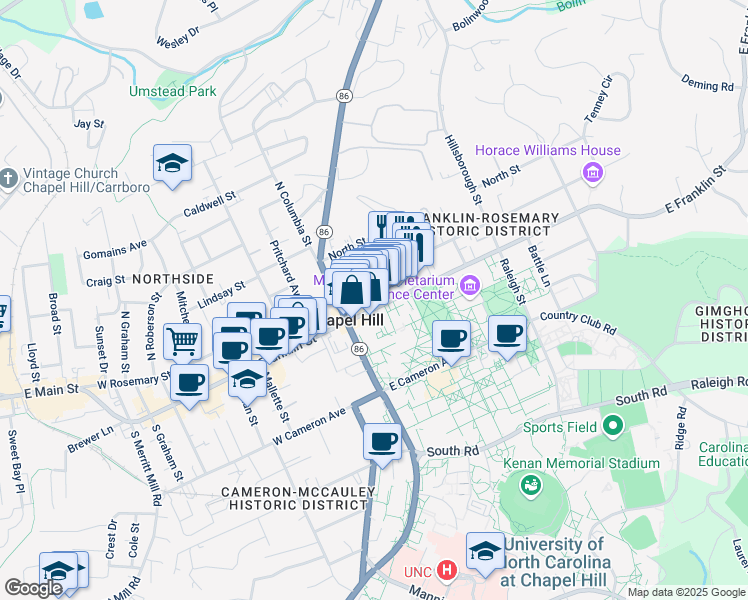 map of restaurants, bars, coffee shops, grocery stores, and more near 142 East Rosemary Street in Chapel Hill