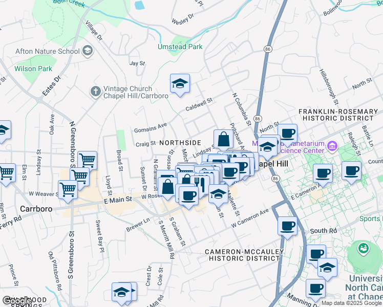 map of restaurants, bars, coffee shops, grocery stores, and more near 404 Lindsay St in Chapel Hill