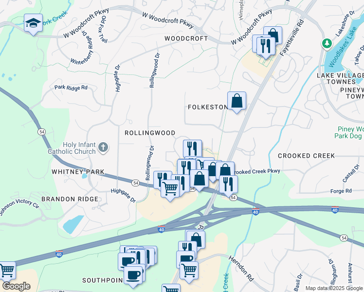 map of restaurants, bars, coffee shops, grocery stores, and more near 1800 Southpoint Crossing Drive in Durham