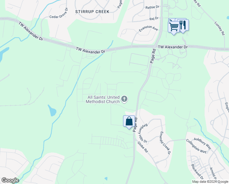 map of restaurants, bars, coffee shops, grocery stores, and more near 124 Pelsett Street in Morrisville