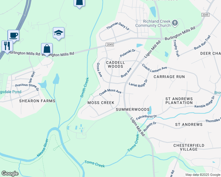map of restaurants, bars, coffee shops, grocery stores, and more near 3021 Creek Moss Avenue in Wake Forest