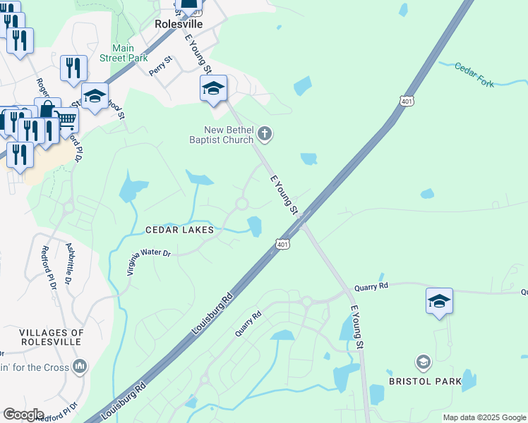 map of restaurants, bars, coffee shops, grocery stores, and more near 606 Toledo Court in Rolesville