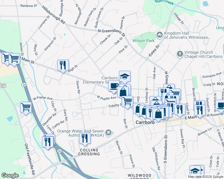 map of restaurants, bars, coffee shops, grocery stores, and more near 204 Hillsborough Road in Carrboro