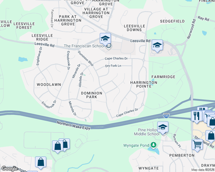 map of restaurants, bars, coffee shops, grocery stores, and more near 9513 Berryville Court in Raleigh