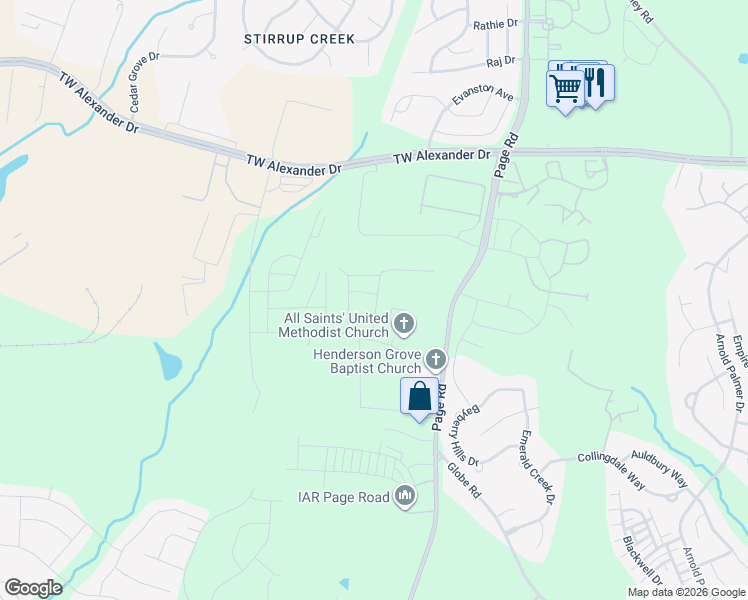map of restaurants, bars, coffee shops, grocery stores, and more near 1110 Felman Road in Durham