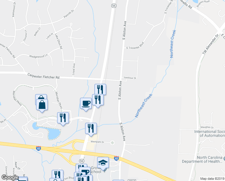 map of restaurants, bars, coffee shops, grocery stores, and more near 4208 South Alston Avenue in Durham