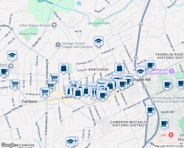 map of restaurants, bars, coffee shops, grocery stores, and more near 515 Craig Street in Chapel Hill