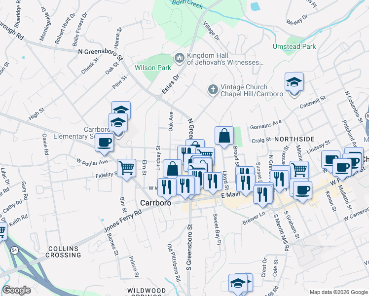 map of restaurants, bars, coffee shops, grocery stores, and more near 505 North Greensboro Street in Carrboro