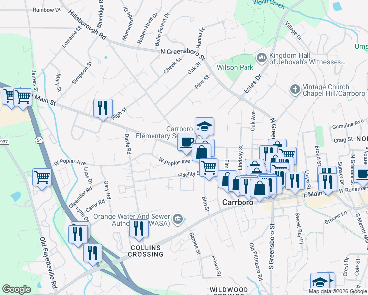 map of restaurants, bars, coffee shops, grocery stores, and more near 204 Hillsborough Road in Carrboro
