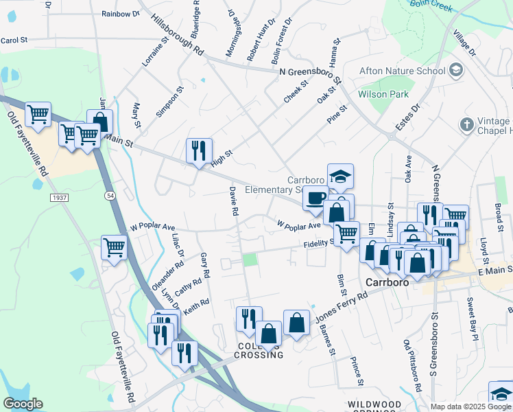 map of restaurants, bars, coffee shops, grocery stores, and more near 703 West Main Street in Carrboro