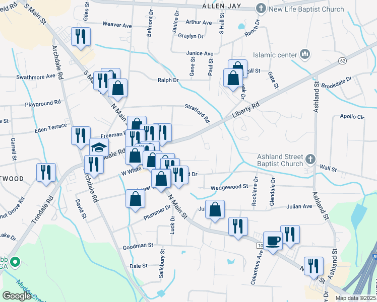 map of restaurants, bars, coffee shops, grocery stores, and more near 234 Liberty Road in Archdale