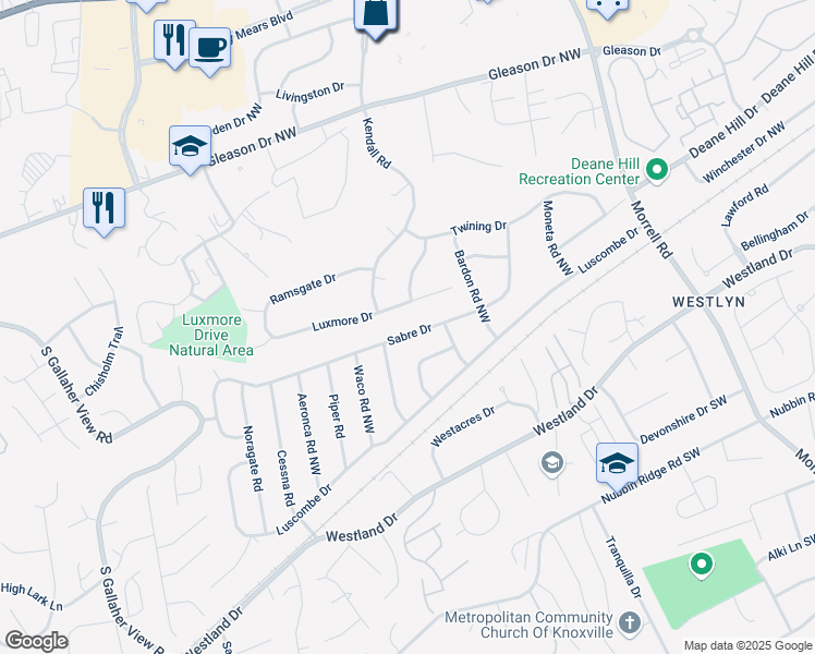 map of restaurants, bars, coffee shops, grocery stores, and more near 7736 Luxmore Drive in Knoxville