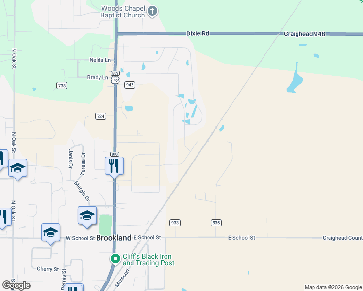 map of restaurants, bars, coffee shops, grocery stores, and more near 406 Harper Drive in Brookland