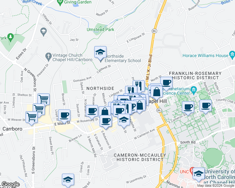 map of restaurants, bars, coffee shops, grocery stores, and more near 317 Lindsay Street in Chapel Hill