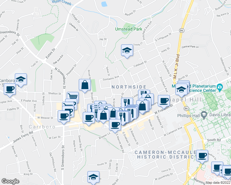 map of restaurants, bars, coffee shops, grocery stores, and more near 508 Whitaker Street in Chapel Hill