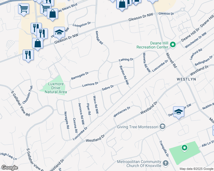 map of restaurants, bars, coffee shops, grocery stores, and more near 7736 Luxmore Drive in Knoxville