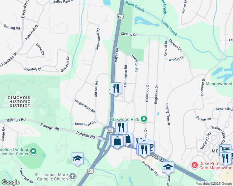 map of restaurants, bars, coffee shops, grocery stores, and more near 411 Flemington Road in Chapel Hill