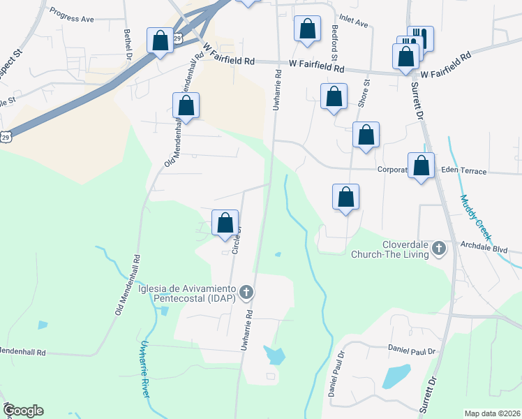 map of restaurants, bars, coffee shops, grocery stores, and more near 203 Circle Drive in Archdale