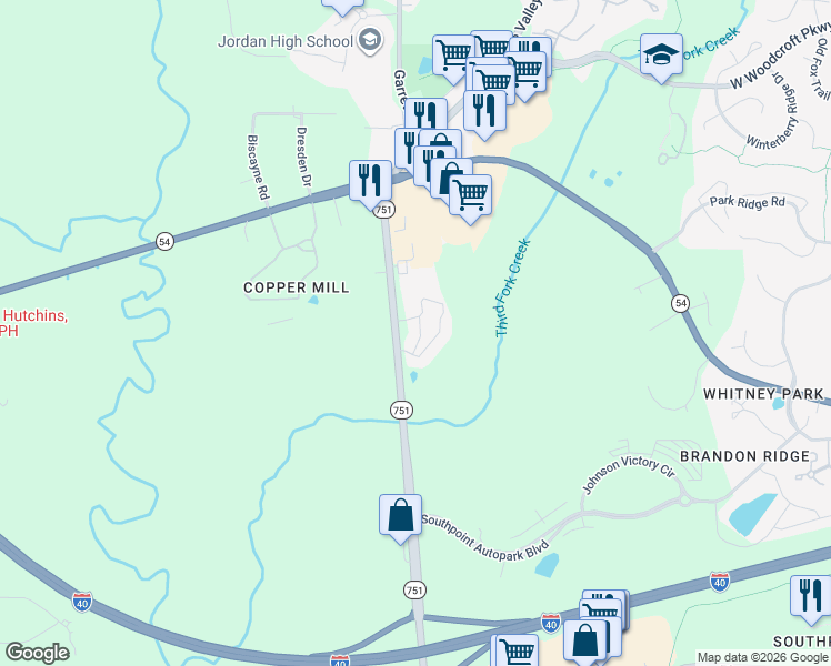 map of restaurants, bars, coffee shops, grocery stores, and more near 7304 Calibre Park Drive in Durham