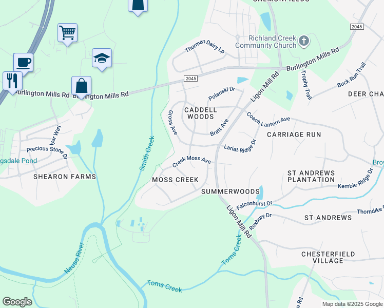 map of restaurants, bars, coffee shops, grocery stores, and more near 3021 Creek Moss Avenue in Wake Forest