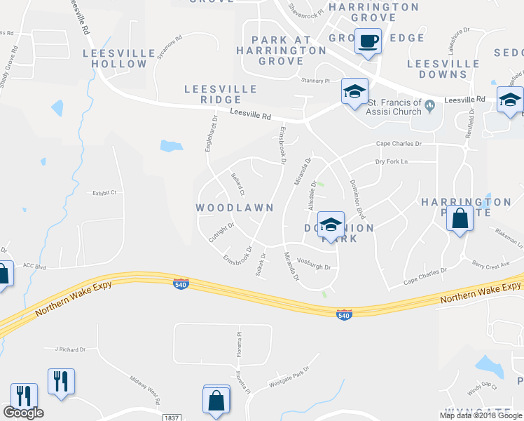 map of restaurants, bars, coffee shops, grocery stores, and more near 7001 Ameron Court in Raleigh