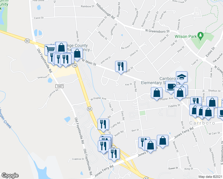 map of restaurants, bars, coffee shops, grocery stores, and more near 402 West Poplar Avenue in Carrboro