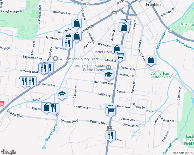 map of restaurants, bars, coffee shops, grocery stores, and more near 1287 Carter Street in Franklin