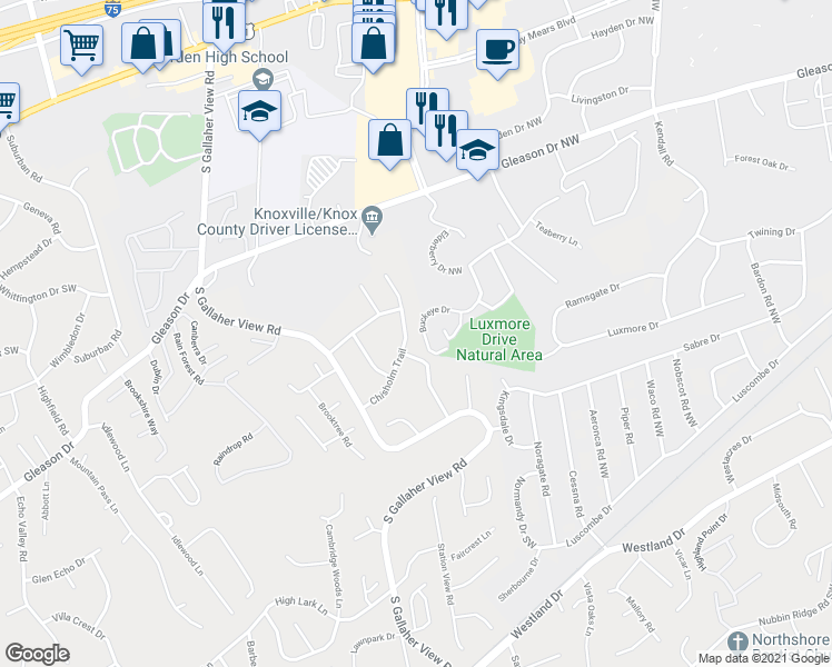 map of restaurants, bars, coffee shops, grocery stores, and more near 512 Chisholm Trail in Knoxville