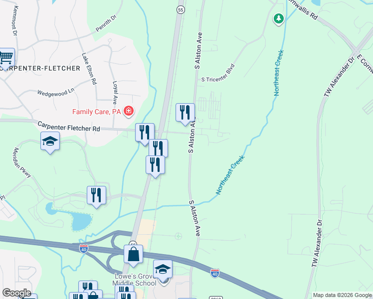 map of restaurants, bars, coffee shops, grocery stores, and more near 4208 South Alston Avenue in Durham