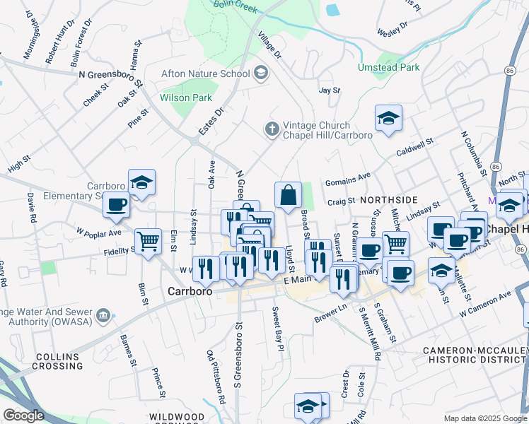 map of restaurants, bars, coffee shops, grocery stores, and more near 430 North Greensboro Street in Carrboro