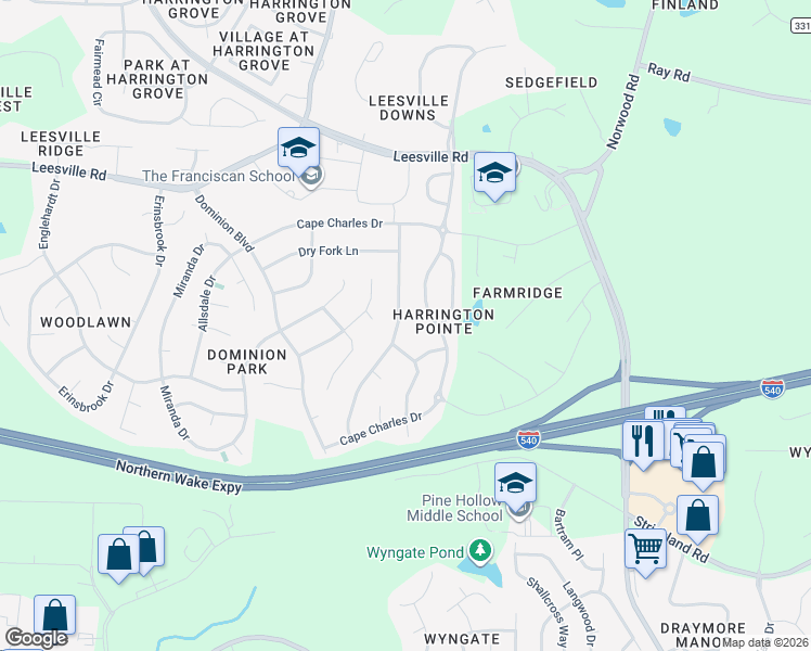 map of restaurants, bars, coffee shops, grocery stores, and more near 7827 Cape Charles Drive in Raleigh