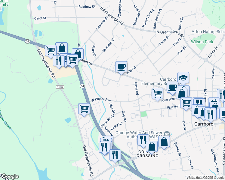 map of restaurants, bars, coffee shops, grocery stores, and more near 402 West Poplar Avenue in Carrboro