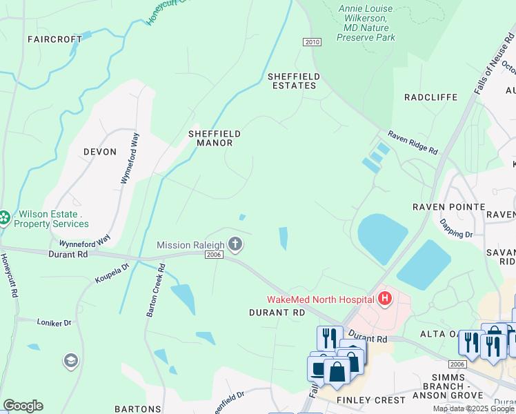 map of restaurants, bars, coffee shops, grocery stores, and more near 4741 Windcross Drive in Raleigh
