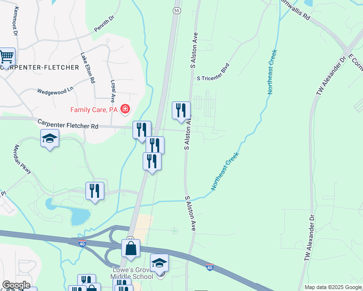 map of restaurants, bars, coffee shops, grocery stores, and more near 4208 South Alston Avenue in Durham