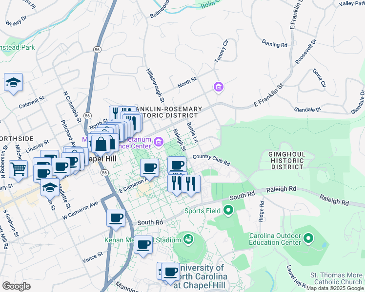 map of restaurants, bars, coffee shops, grocery stores, and more near in Chapel Hill