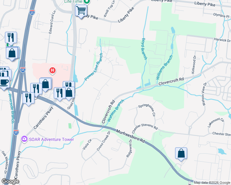 map of restaurants, bars, coffee shops, grocery stores, and more near 4020 Clovercroft Road in Franklin