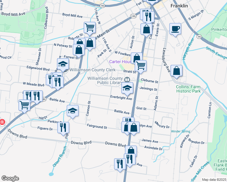 map of restaurants, bars, coffee shops, grocery stores, and more near 1287 Carter Street in Franklin