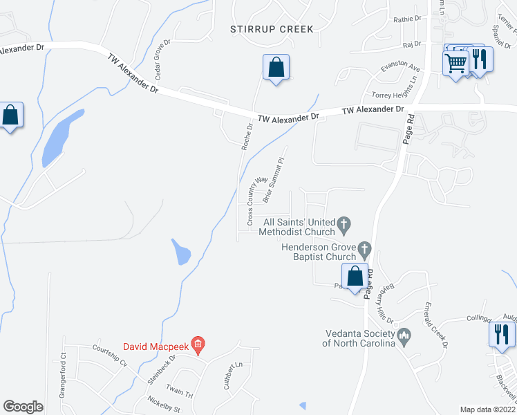 map of restaurants, bars, coffee shops, grocery stores, and more near 216 Brier Summit Place in Durham