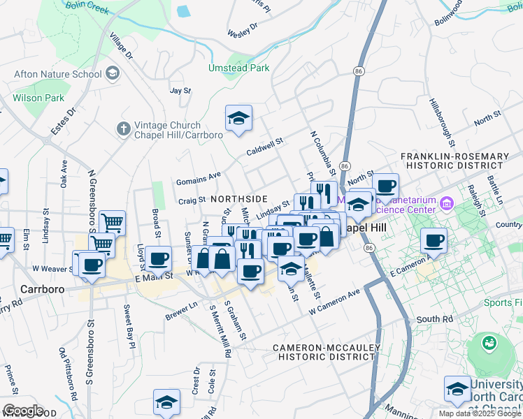 map of restaurants, bars, coffee shops, grocery stores, and more near 404 Cotton Street in Chapel Hill