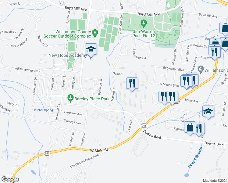 map of restaurants, bars, coffee shops, grocery stores, and more near 1220 Mallard Drive in Franklin