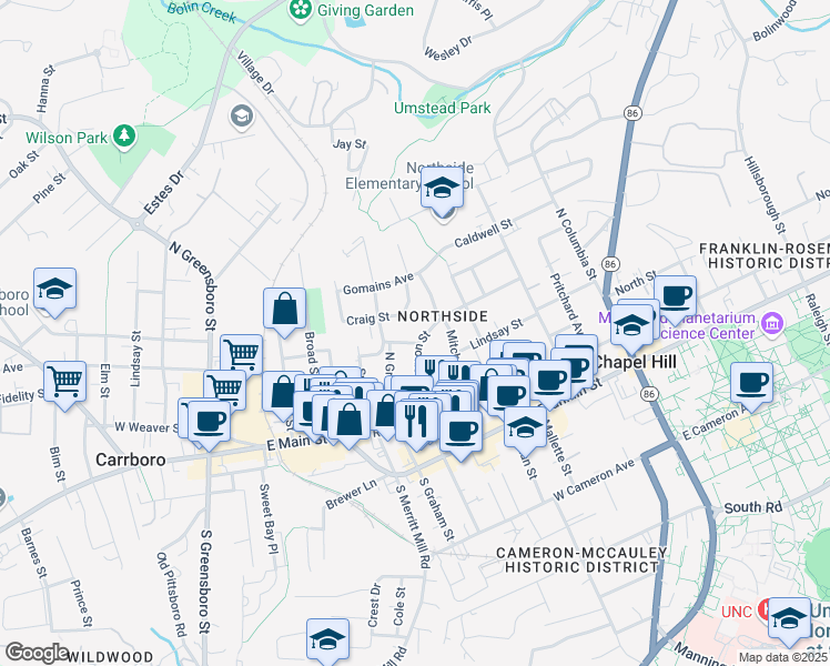 map of restaurants, bars, coffee shops, grocery stores, and more near 414 Whitaker Street in Chapel Hill