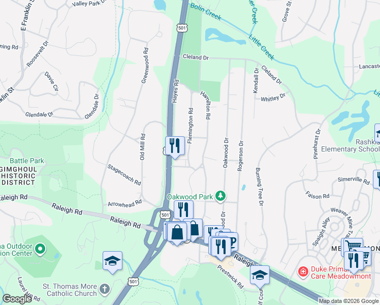 map of restaurants, bars, coffee shops, grocery stores, and more near 32 Flemington Road in Chapel Hill