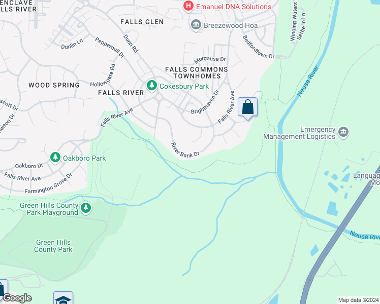 map of restaurants, bars, coffee shops, grocery stores, and more near 10124 River Bank Drive in Raleigh