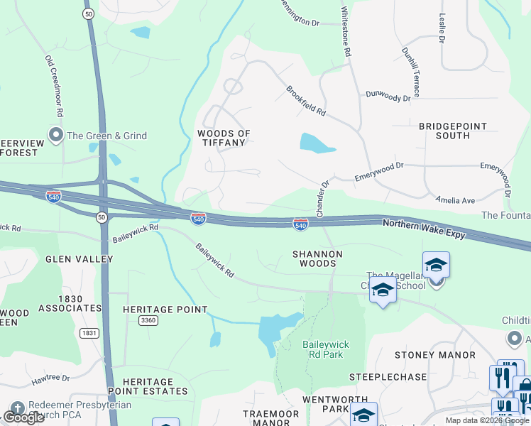 map of restaurants, bars, coffee shops, grocery stores, and more near 715 Malbay Lane in Raleigh